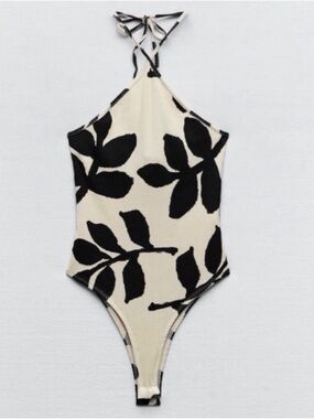Zara Cream & Black Floral Halter Bodysuit – NWT